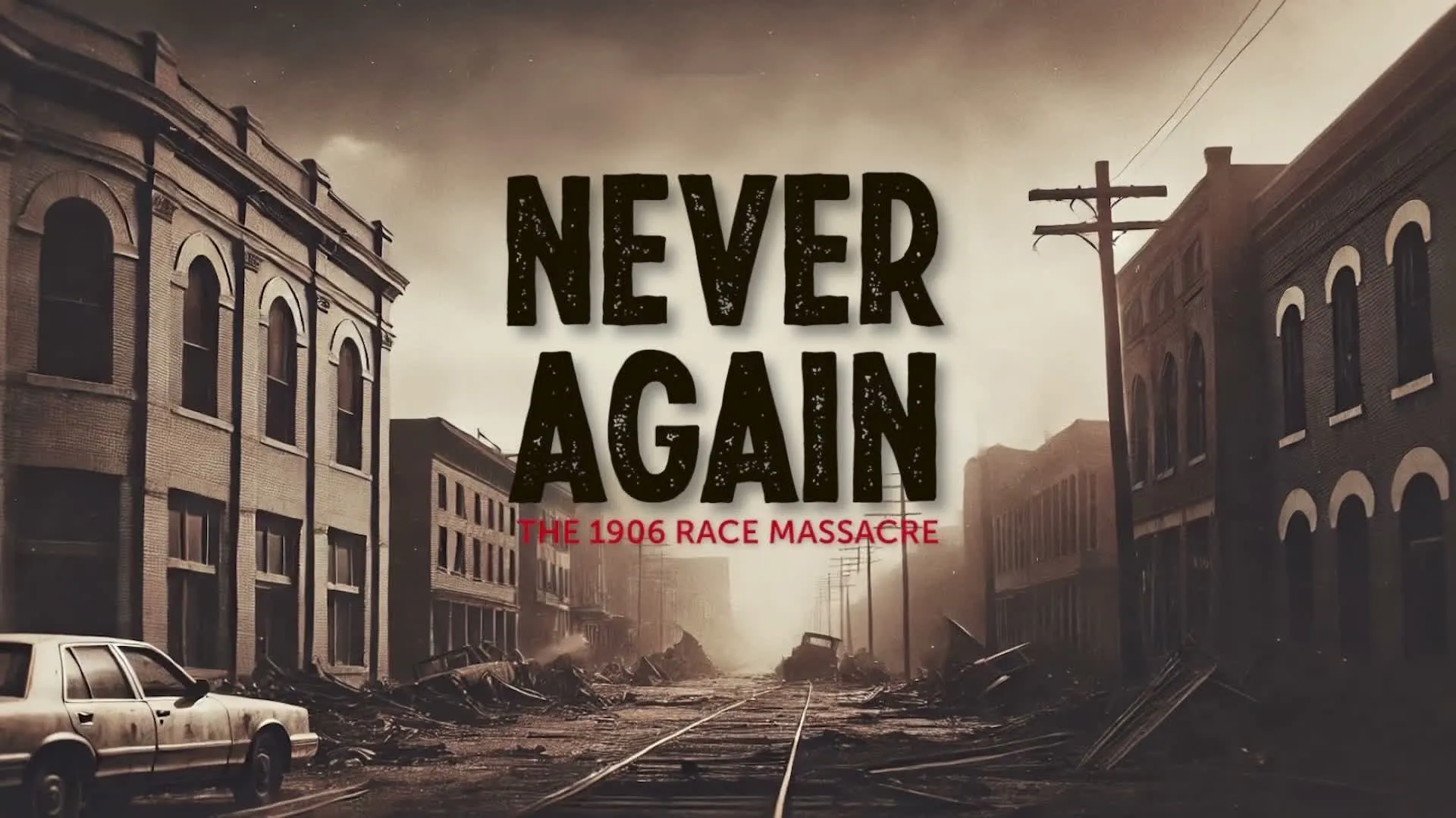 Key art for Never Again: the film's title over a ruined Atlanta streetscape.